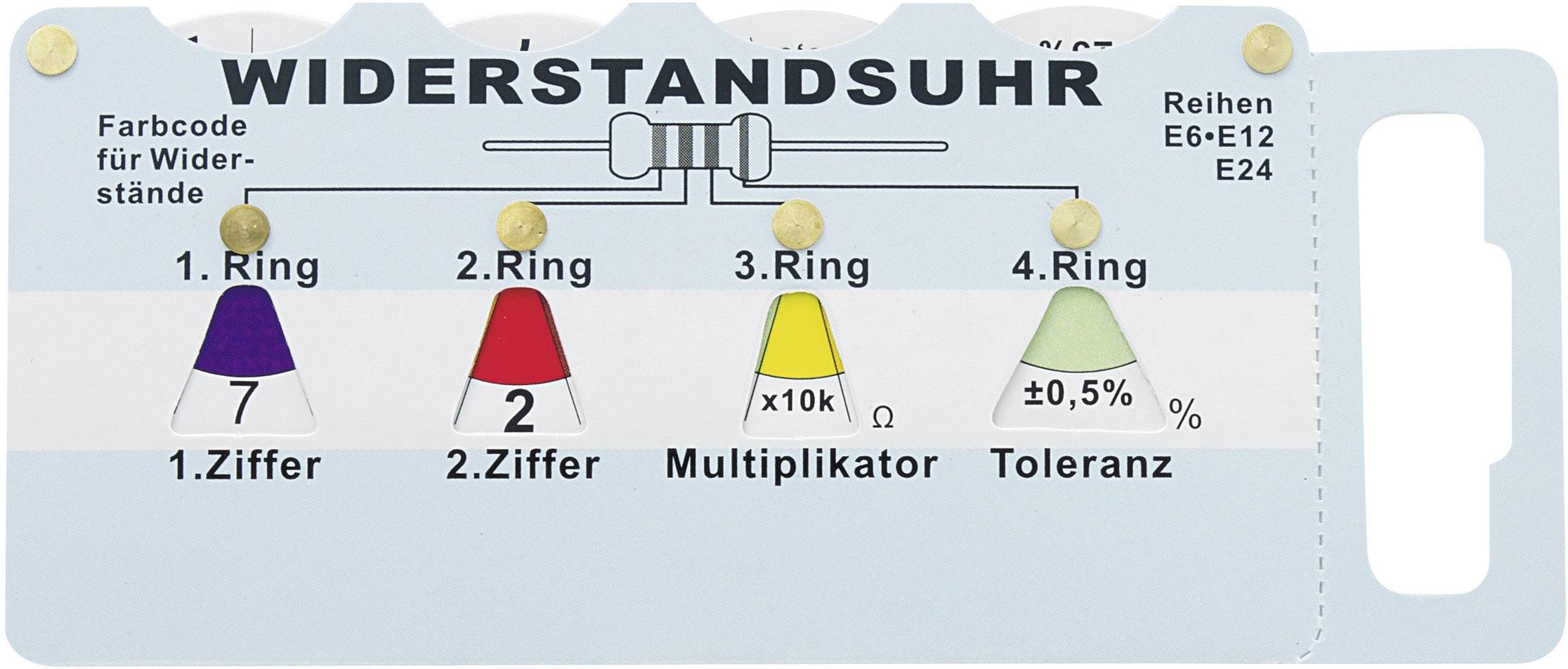 Modstandsur til farvekodning af modstande: 1. ring viser ciffer, 2. ring ciffer, 3. ring multiplikator, 4. ring tolerance.