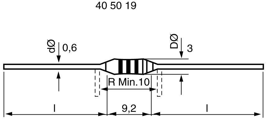 Teknisk tegning af en cylindrisk komponent med følgende mål: Længde 40-50-19 mm, diameter 3 mm, tråddiameter 0,6 mm, minimal radius 10 mm.