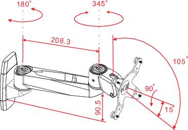 Teknisk tegning af en drejelig vægmonteringsarm med rotationsvinkler på 180°, 345°, 90°, 15° og en arm med en længde på 208,3 mm.