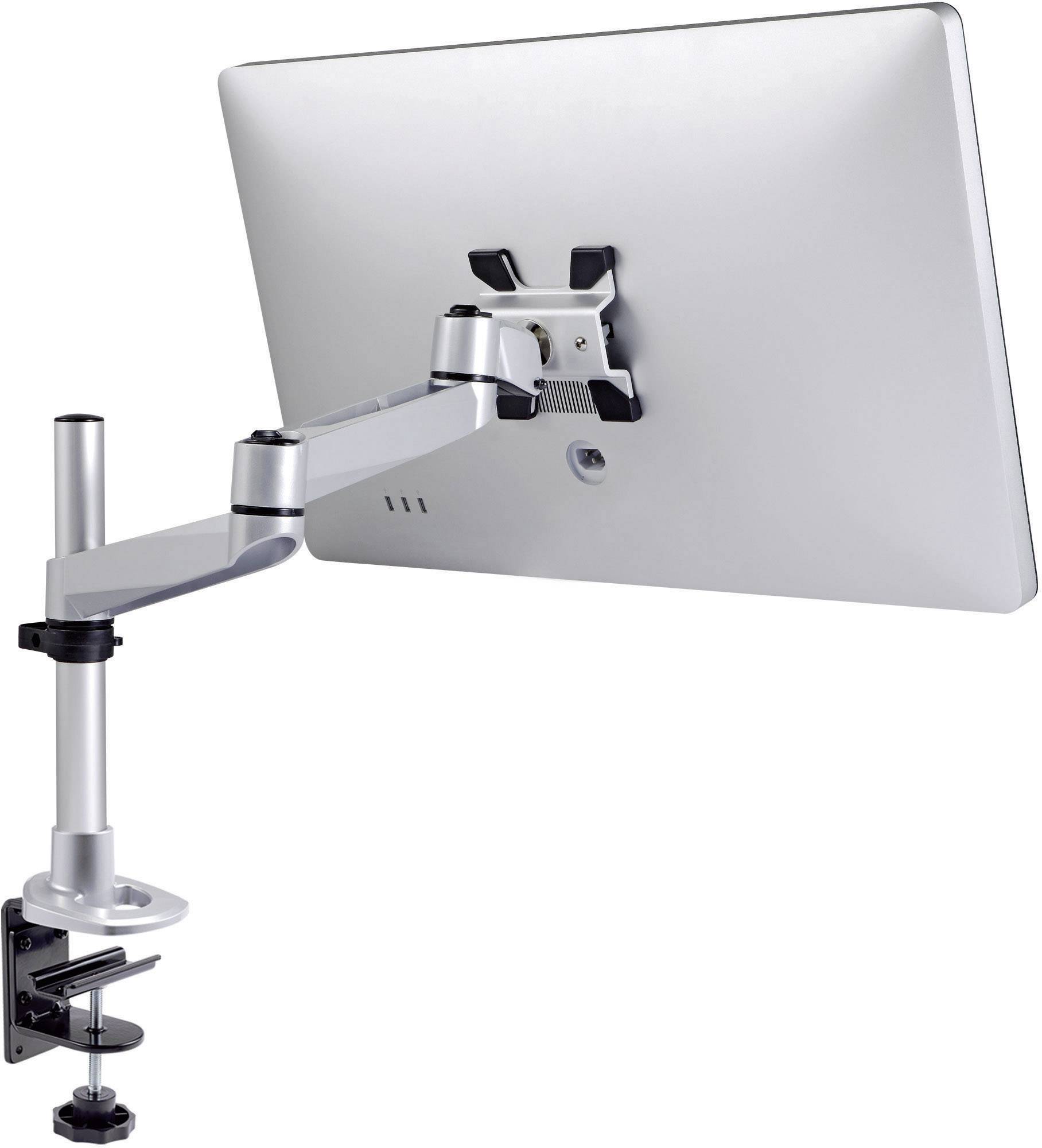 En justerbar monitorbærme af metal, der er fastgjort ved bordkanten, holder en stor fladskærm i en ergonomisk position.