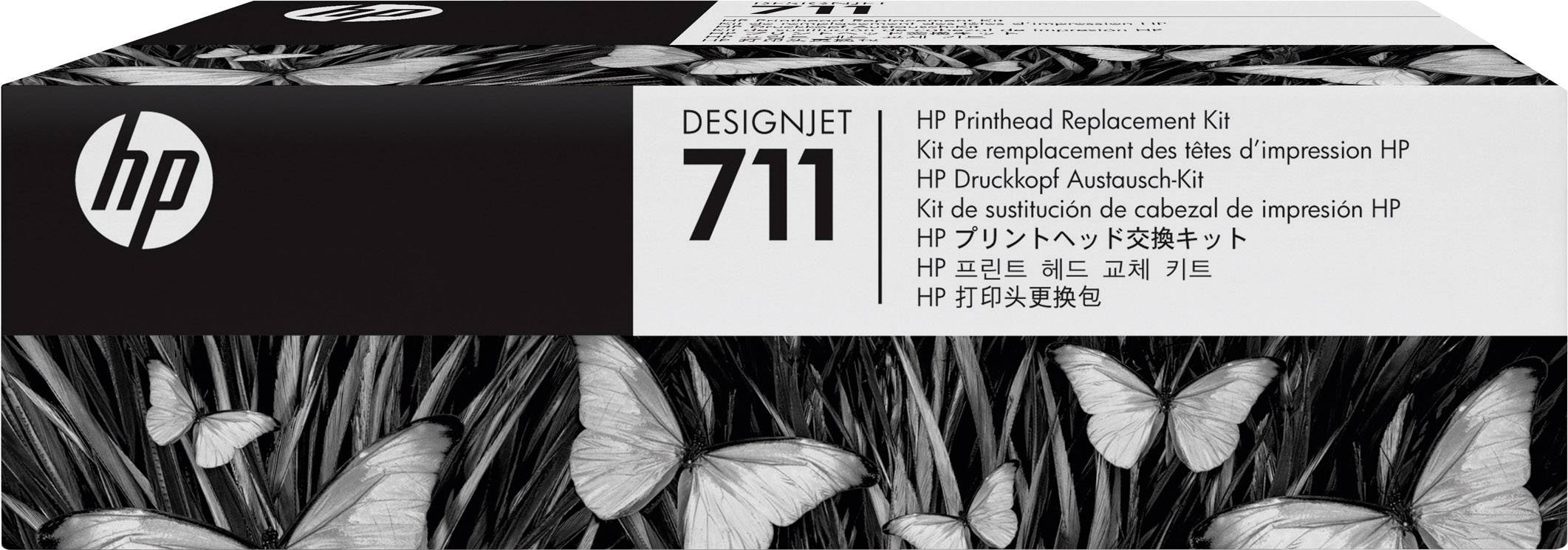 'DesignJet 711' emballage med sort-hvide sommerfugle. Indeholder ombytningskit til printhoveder, angivet på flere sprog.