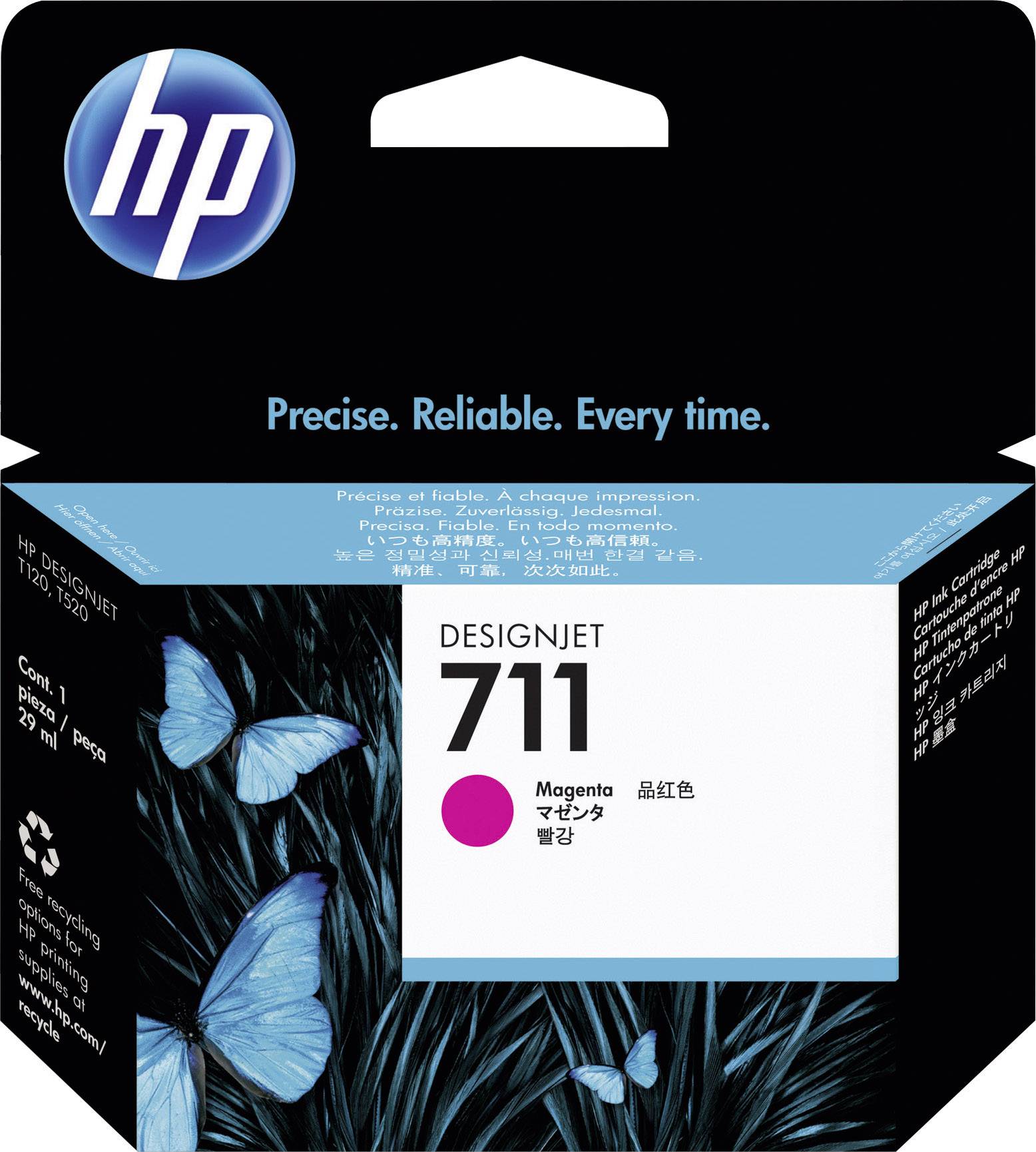 HP DesignJet 711 Magenta blækpatron, 29 ml, emballage med sommerfulgrafik og sloganet 'Præcis. Pålidelig. Hver gang.'