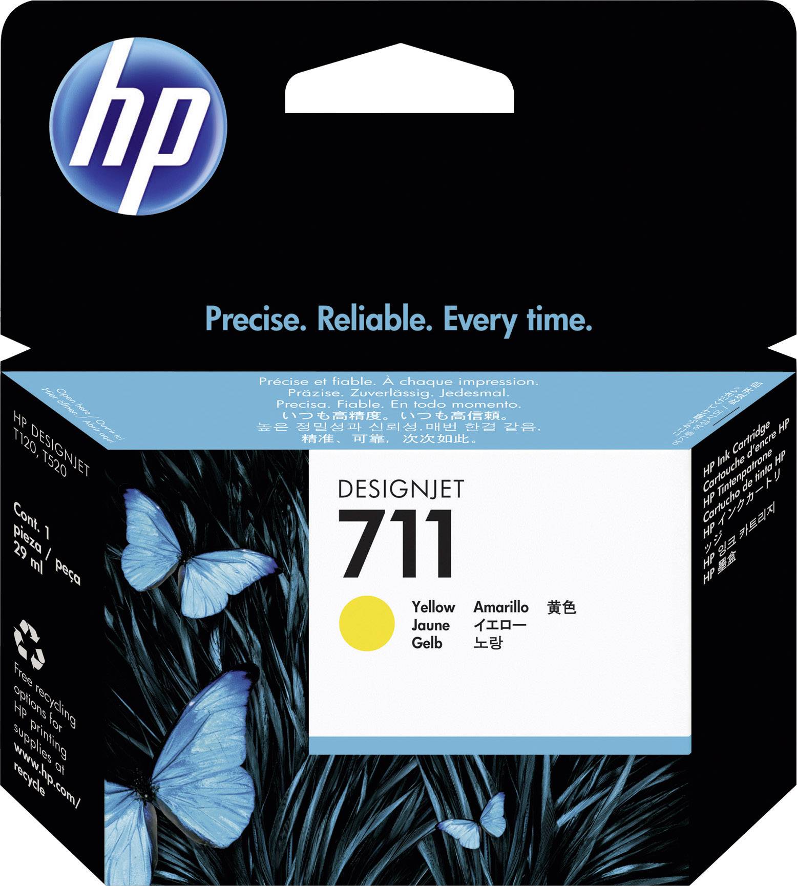Emballage til HP DesignJet 711 Gul Blækpatron. Blåt logo øverst, under teksten 'Præcis. Pålidelig. Hver gang.' på sort baggrund.