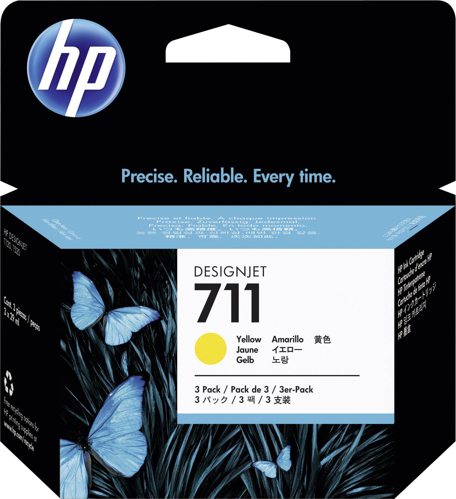 HP DesignJet 711 blækpatron, gul, 3-pak, fremhævet på blå baggrund med sommerfuglemotiver.