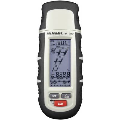 Fugtighedsmåler Voltcraft FM-400 med digitalt display viser temperatur- og fugtighedsværdier for træarter.
