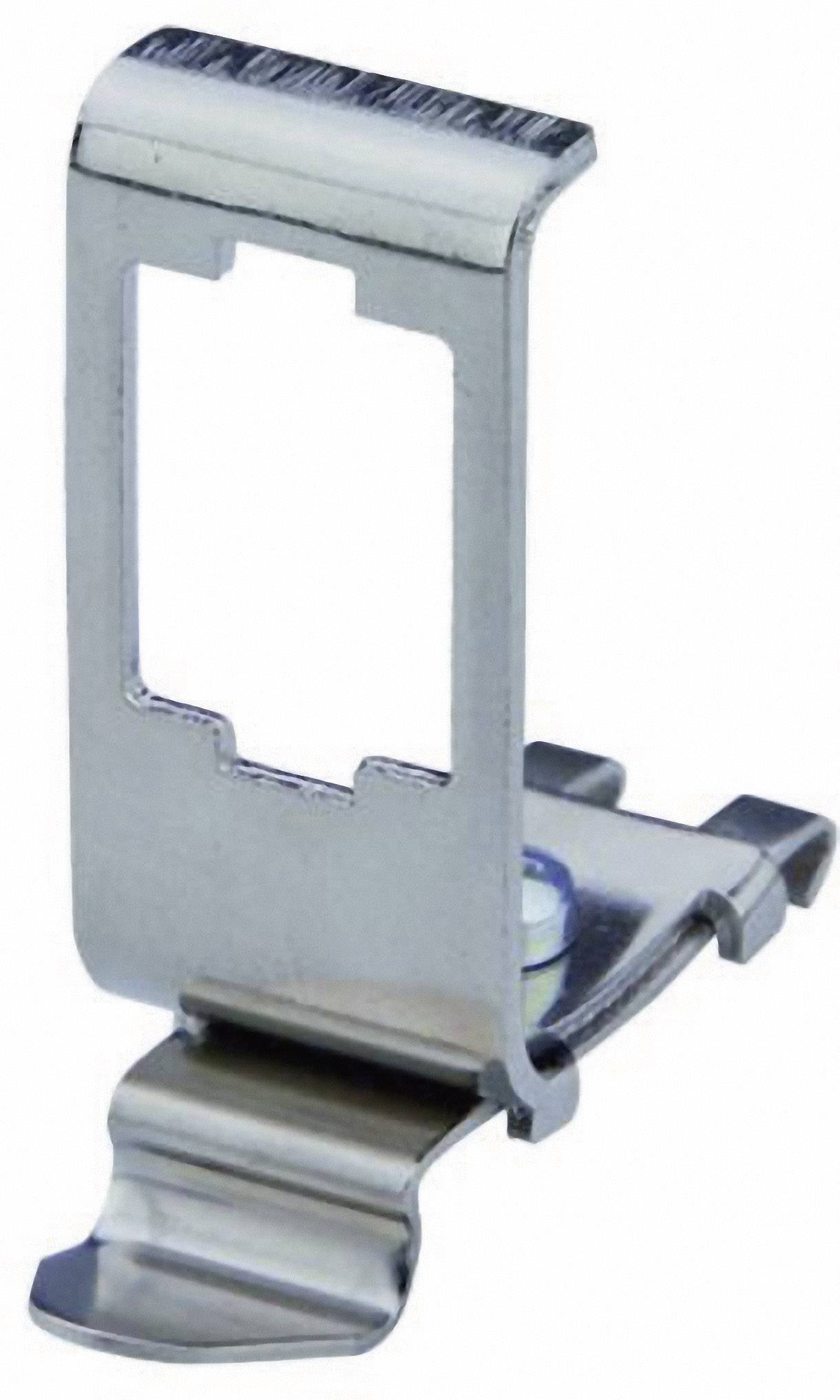 Metalclips med rektangulær åbning og bøjet ende, egnet til fastgørelse af objekter på hårde overflader.