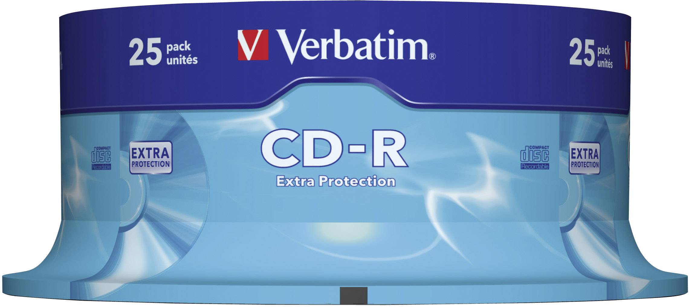 En pakke med 25 Verbatim CD-R'er, 'Ekstra Beskyttelse' på emballagen, i en blå æske.