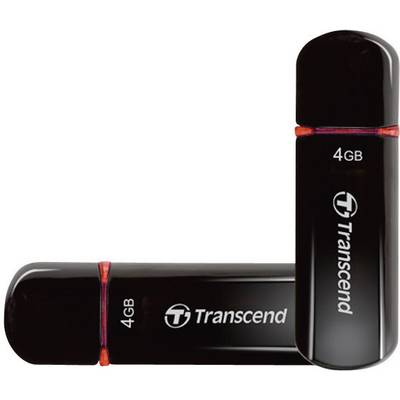 To USB-stik i sort fra mærket 'Transcend', hver med en kapacitet på 4 GB, ligger oven på hinanden.