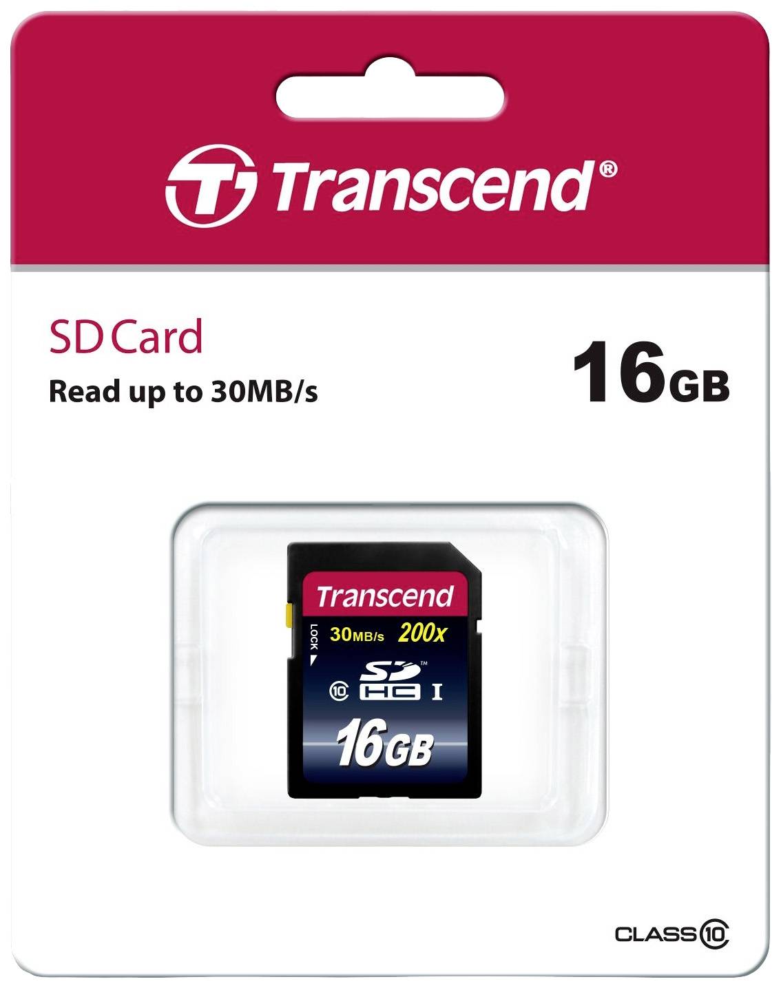 Emballage til et Transcend SD-kort på 16 GB, med læsehastighed op til 30 MB/s, Class 10.
