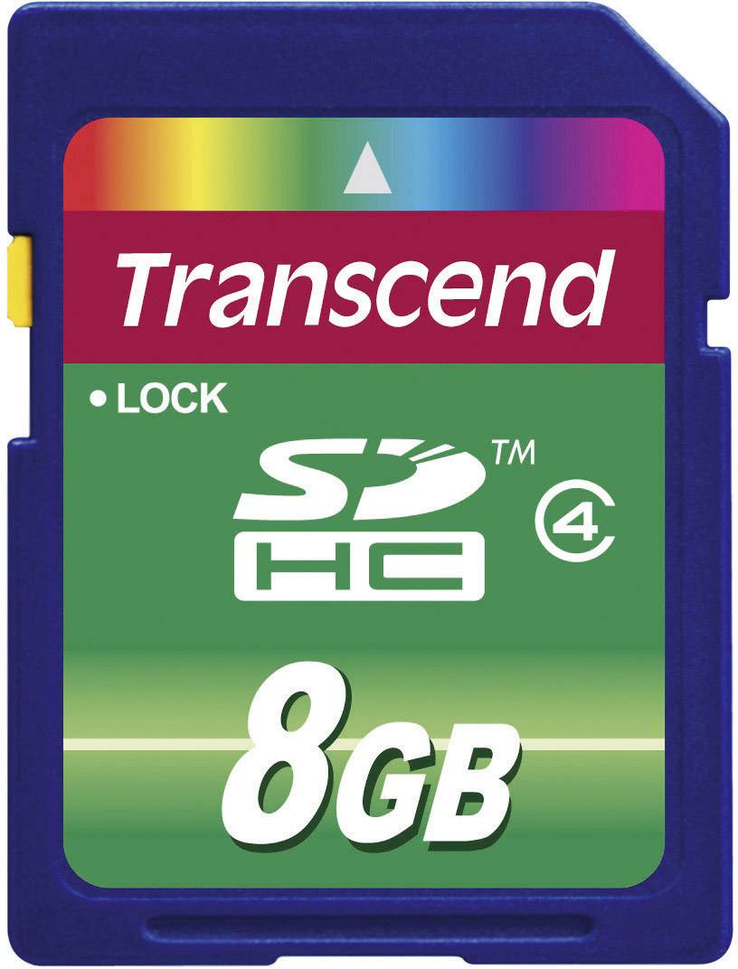 SD-kort, blå, 8 GB, mærke 'Transcend', understøtter SDHC, klasse 4, med skrivebeskyttelseskontakt.