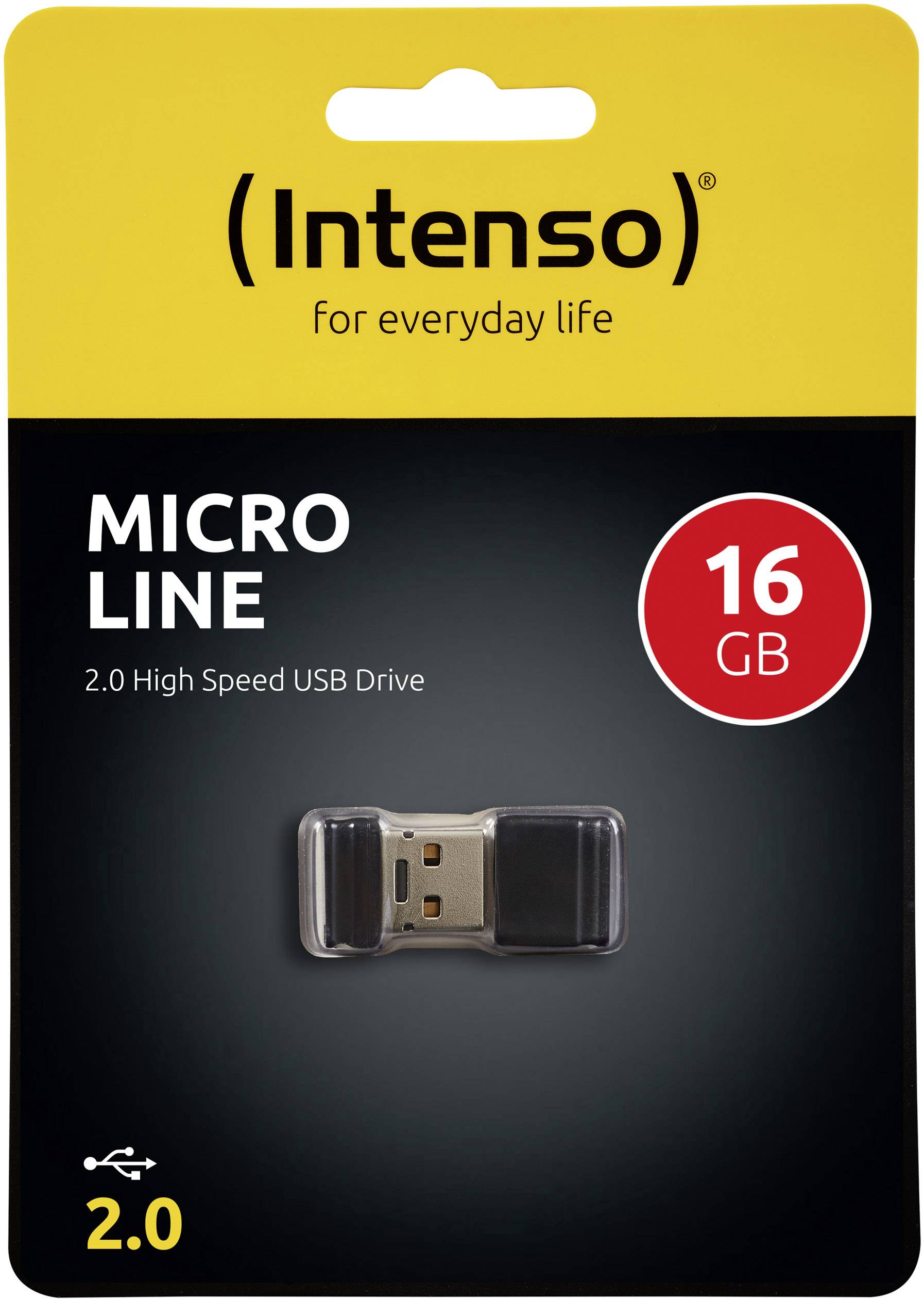 'Intenso Micro Line USB-stik 16 GB, 2.0 High Speed, i blisterpakning, gul baggrund, egnet til daglig brug.'