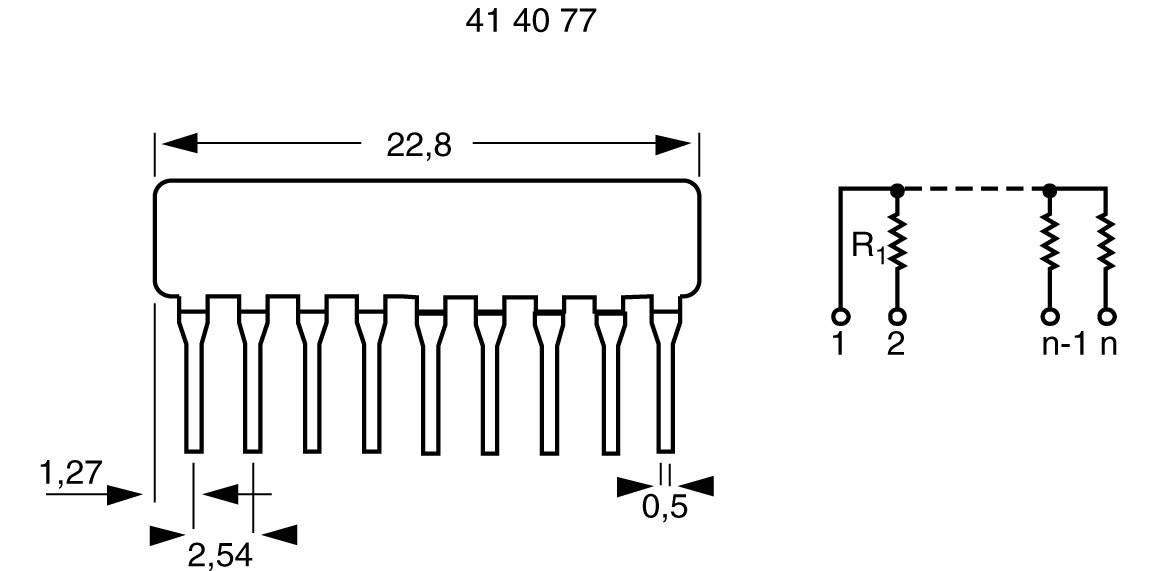 Illustration af en netværksmodstandsenhed med pin-layout. Mål: 22,8 mm (længde), 2,54 mm (pin-afstand). Diagramsymbol til højre viser modstandene.