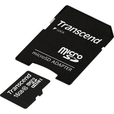 En 'Transcend' microSD-kortadapter ved siden af et 16GB microSD-kort. Begge ligger på en hvid overflade.