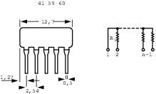 Elektronisk komponentdiagram med dimensioner. Til venstre: 6-polet, rektangulær chip med angivne mål og pinafstande. Til højre: Elektrisk kredsløbsdiagram.