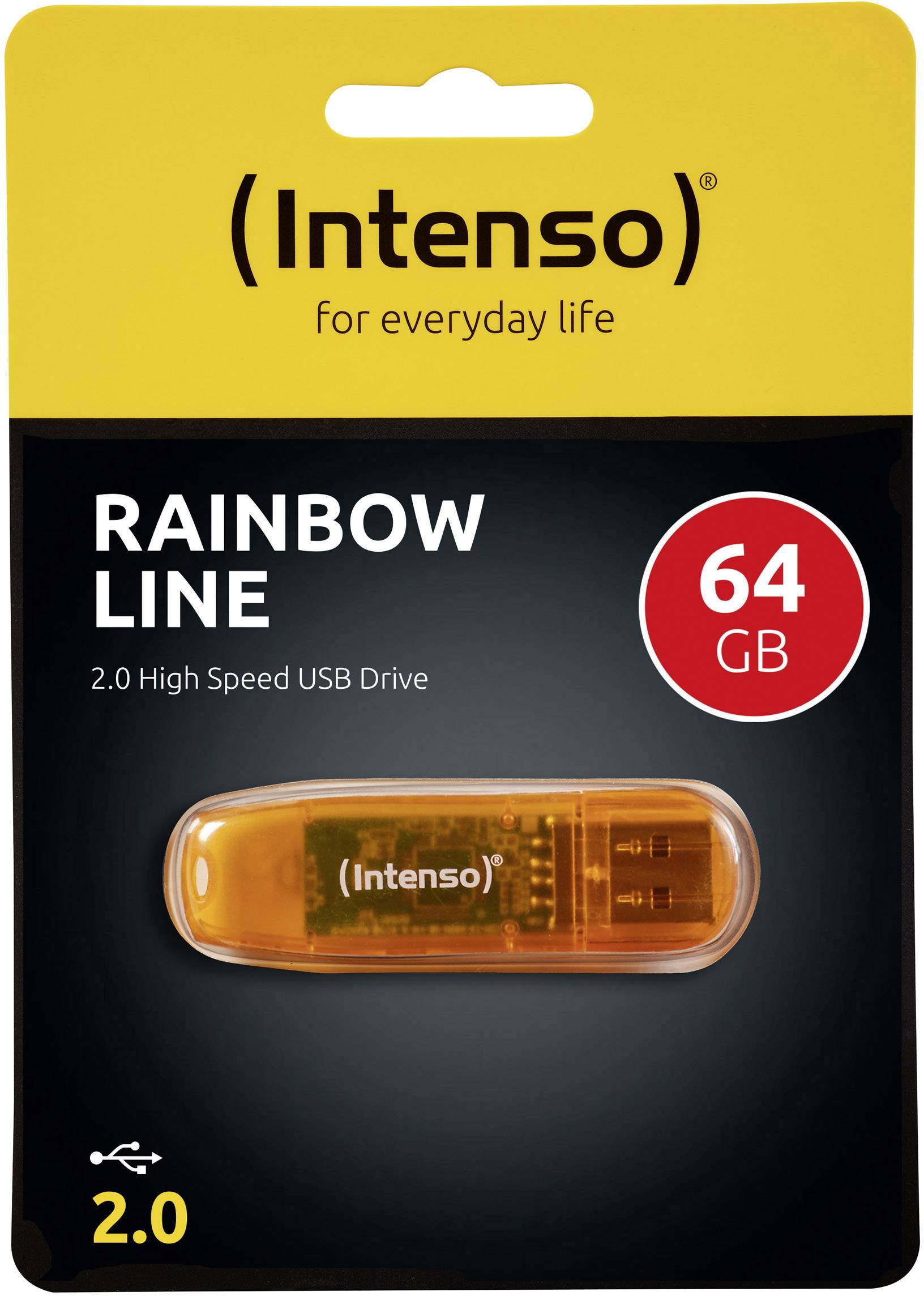 Intenso Rainbow Line 2.0 High Speed USB-drev' emballage med 64 GB lagerplads. USB-stikket er orange og leveres i en blisterpakning.