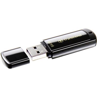 En sort USB-stick uden hætte, hvorpå der står 'Transcend 64GB'.