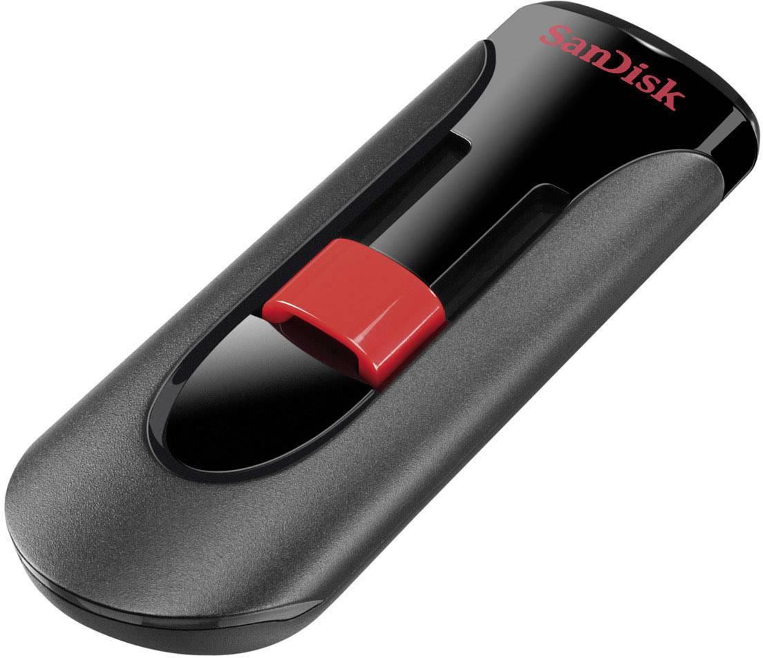 En sort USB-stick med en rød skyder, mærket SanDisk.