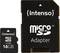 Intenso microSDHC-kort Klasse 4 ved siden af microSD-adapter, begge i sort. Kortets kapacitet: 16 GB.