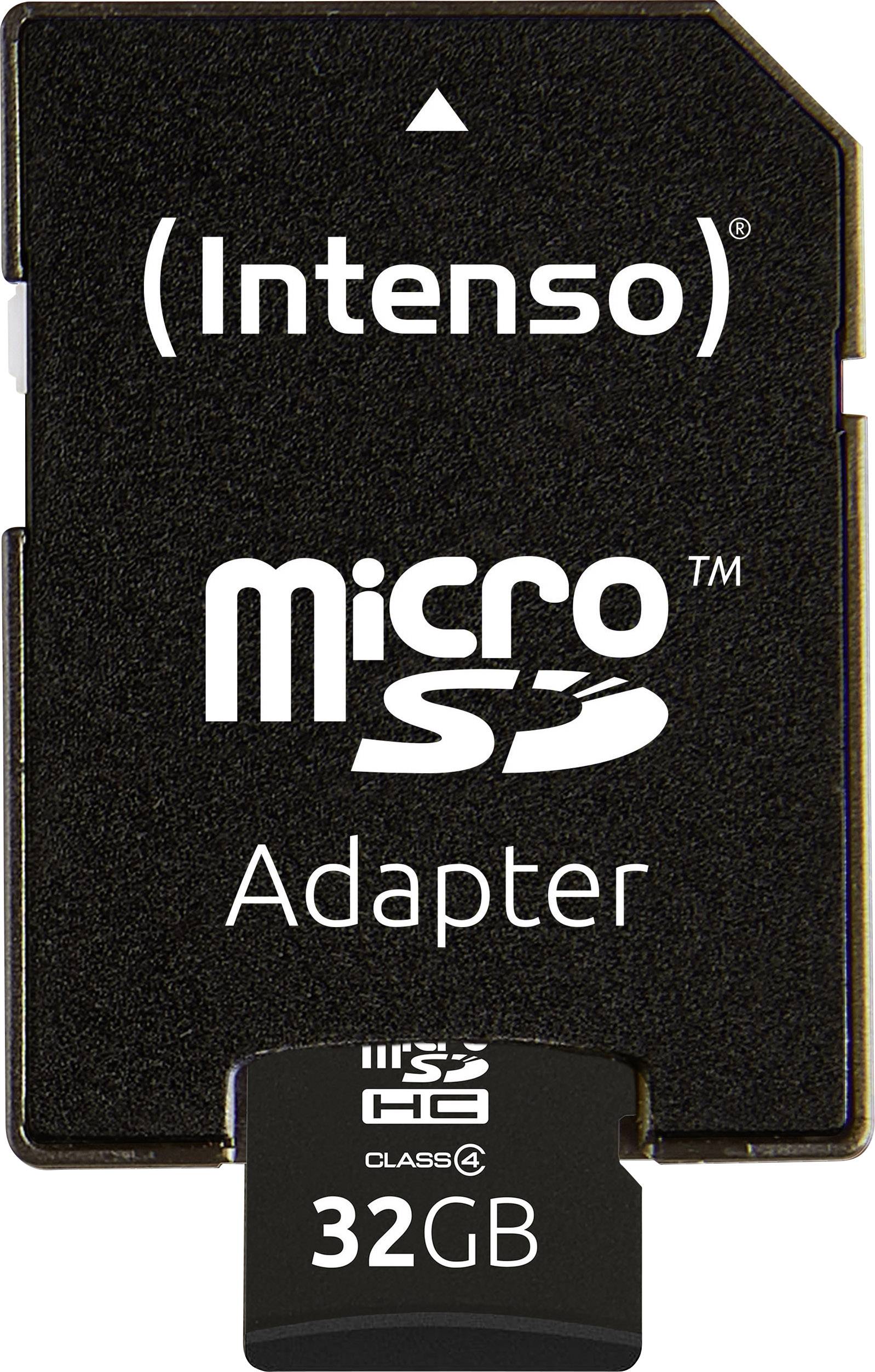 'Intenso' microSD-adapter, sort, med '32GB', 'HC', 'Class 4'. Adapter til microSD-kort i standard SD-slots.
