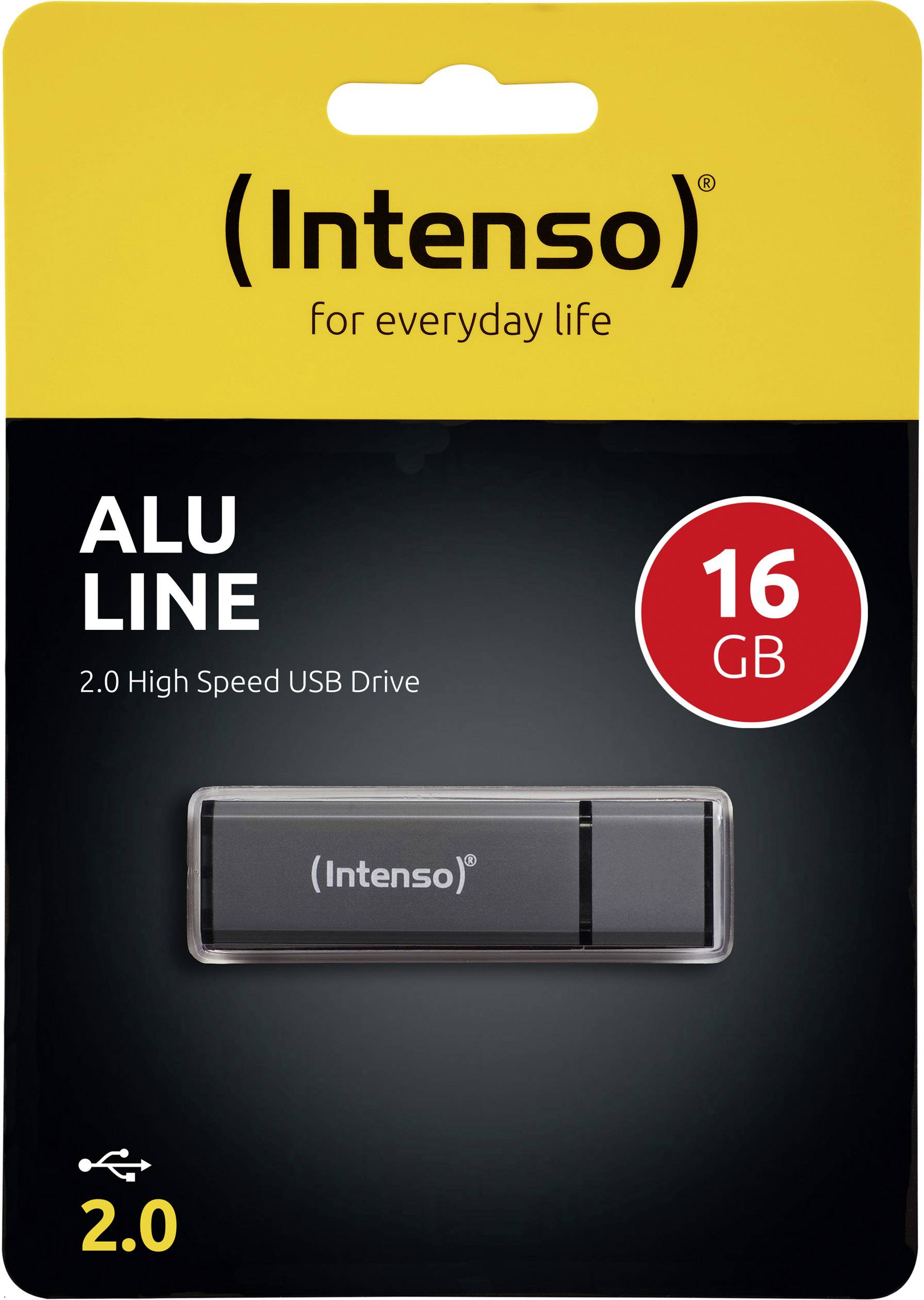 USB-stik 'Intenso ALU LINE' med 16 GB lagerkapacitet, markedsført som 2.0 High Speed USB-drev, på sort baggrund.