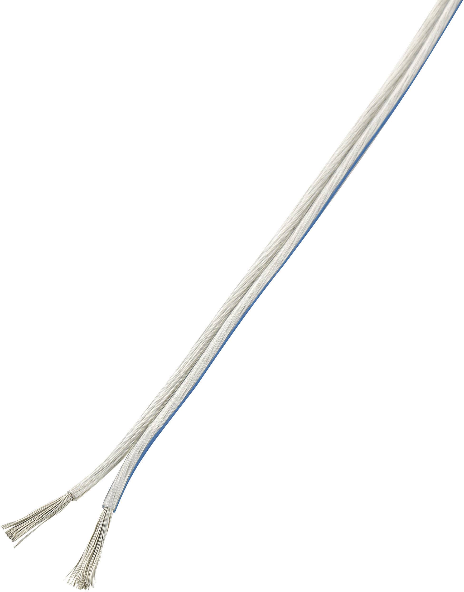 Et skåret, totrådет elektrisk kabel i hvid og blå farve med blottede ledninger i begge ender.