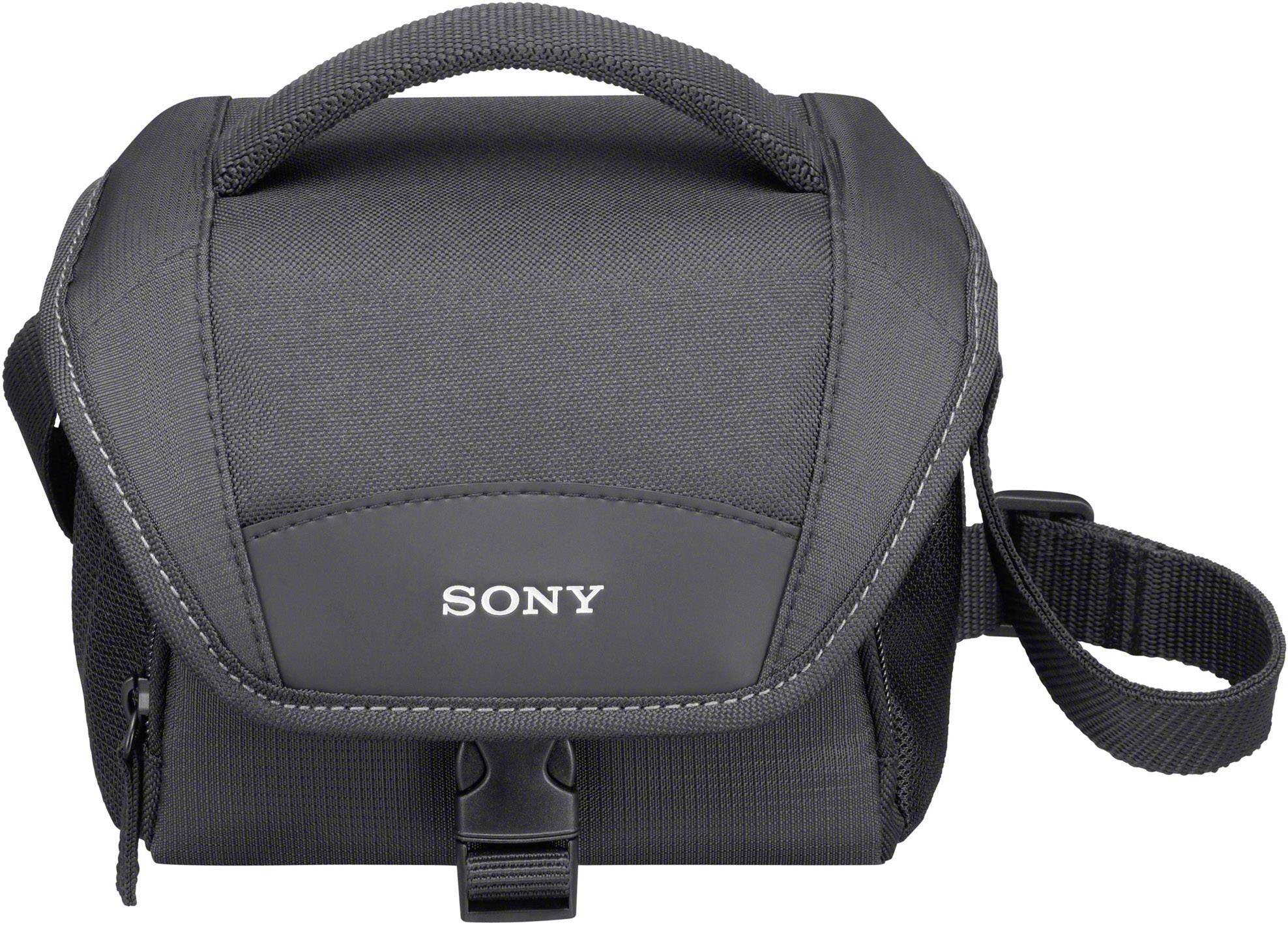 Sort kamerataske med Sony-logo, forsynet med et håndtag og en skulderrem, egnet til små kameraer eller tilbehør.