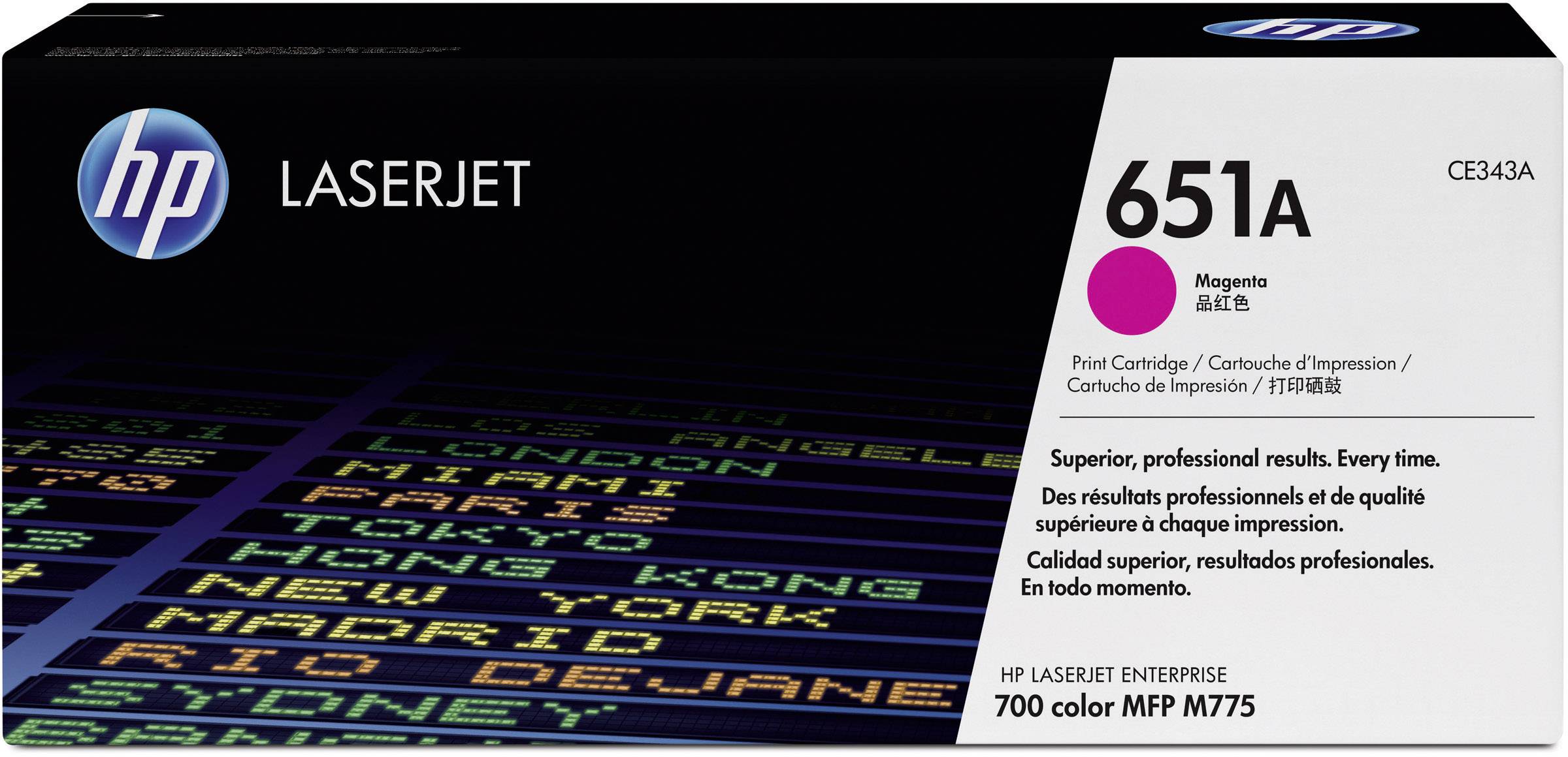 HP LaserJet-blækpatron 651A i magenta, egnet til HP LaserJet Enterprise 700 Color MFP M775, emballage viser produktnummer CE343A.