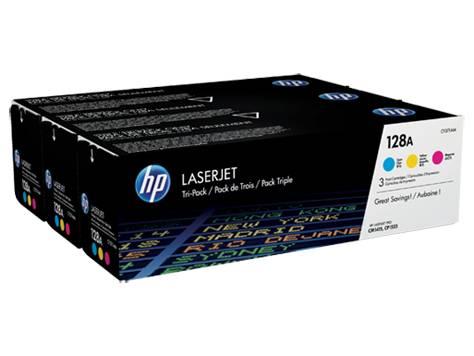 Dreierpack HP 128A tonerpatroner i sort, cyan, magenta og gul til HP LaserJet-printere. Emballagen viser varemærkelogo og produktdetaljer.