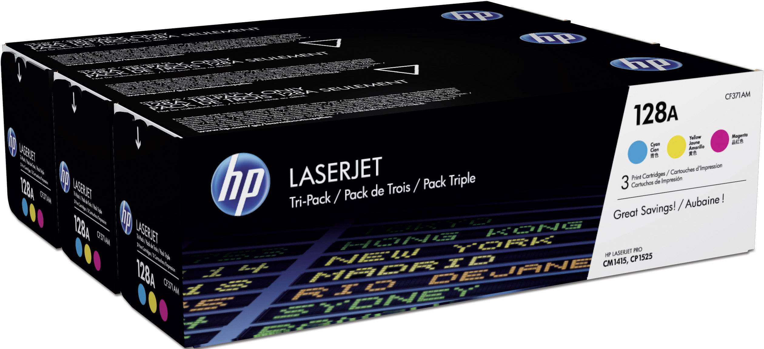 En HP LaserJet 128A tonerpatronpakke i en trepakning. Emballagen viser en farvet flyindikator og indeholder Cyan, Magenta, Gul.