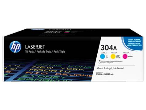 Pakning til HP LaserJet Tri-Pack printpatroner, modelnummer 304A. Indeholder tre patroner: Cyan, Magenta, Gul.