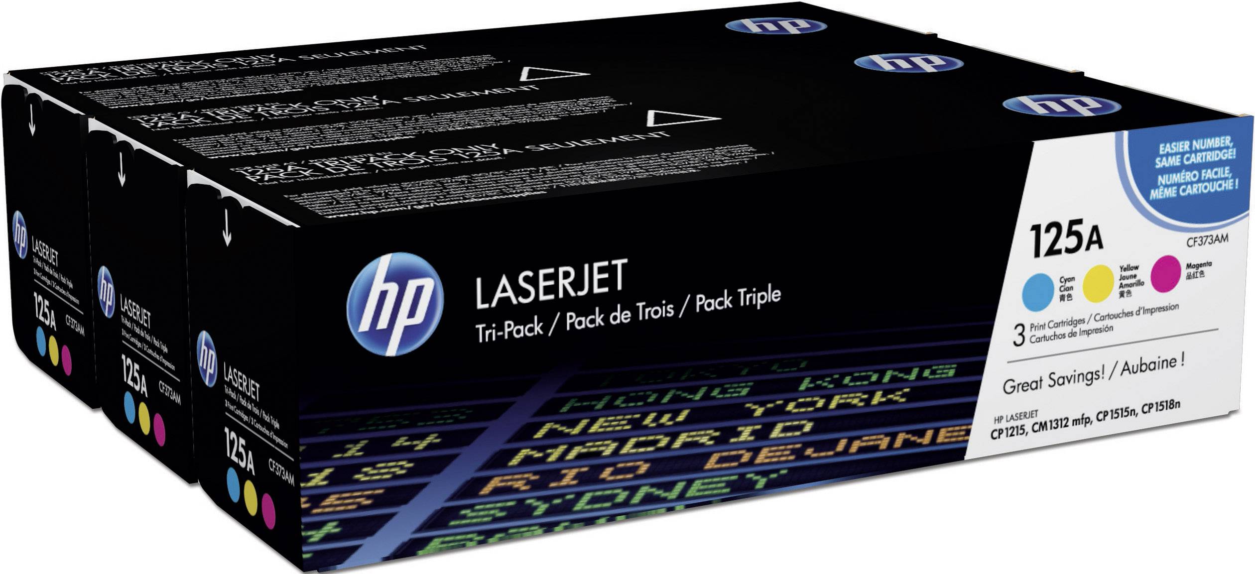 Trepakning HP LaserJet 125A Toner i Sort, Cyan, Magenta og Gul. Emballage med HP-logo og farvestribe-markering.