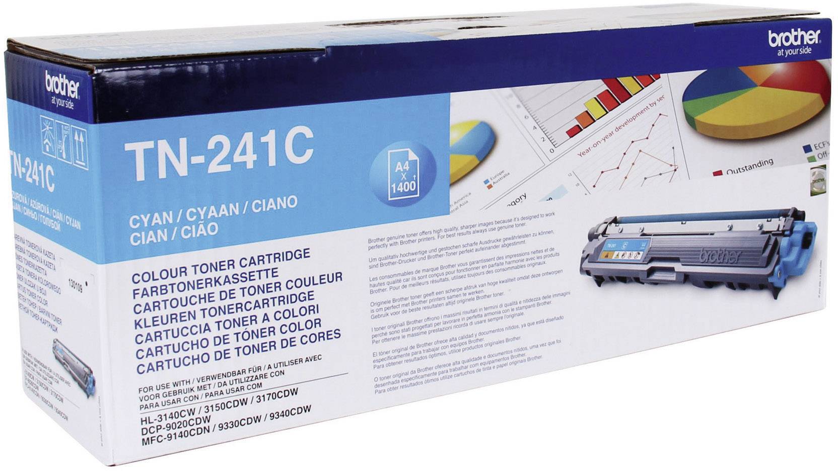 'Brother' TN-241C tonerpatron emballage i cyan; viser grafik over udskriftskapacitet og produktkompatibilitet med forskellige printere.