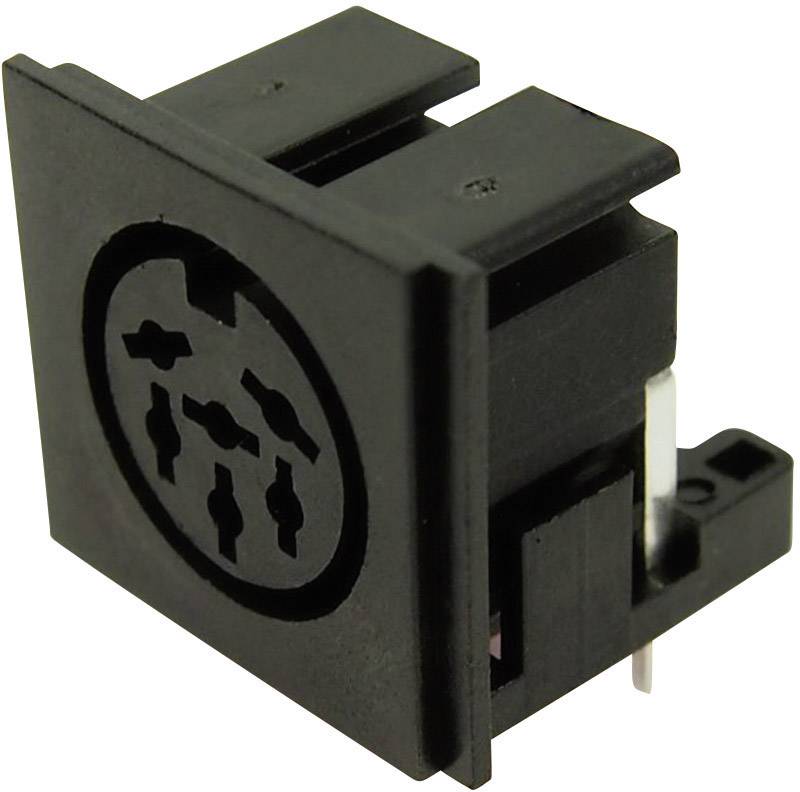 En sort DIN-stik med flere tilslutninger til elektroniske forbindelser, indsat i en rektangulær holder.