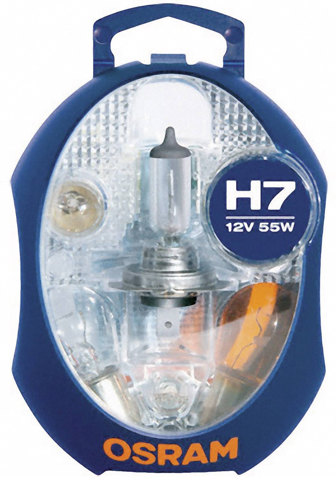 Emballage til en Osram H7 halogenlampe med 12V, 55W. Indeholder reservelamper til forlygter, pakket i en blå plastikboks.