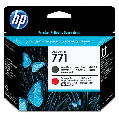 En HP DesignJet blækpatron 771-emballage, der viser sorte og røde blækversioner. Dekoreret med blå sommerfugle på en sort baggrund.