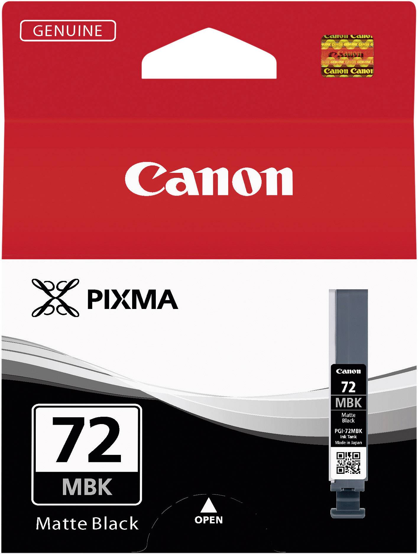 Canon blækpatron, Pixma 72 MBK, Mat Sort. Emballagen viser producent- og produktspecifikationer, egnet til Canon-printere.