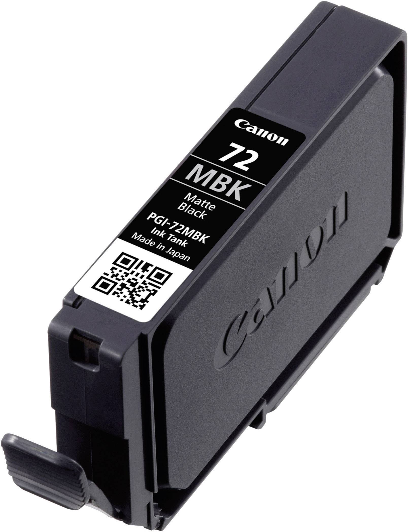 Sort Canon blækpatron, model '72 MBK', til printer. Indeholder en QR-kode og påskriften 'Mat Sort'.