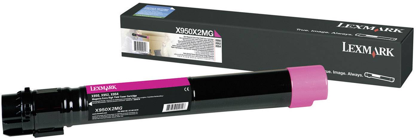En magenta Lexmark toner X950X2MG, pakket i en sort æske.