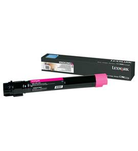 Magenta tonerpatron fra Lexmark ved siden af emballagen. Egnet til printer, viser etiketten med mærke- og produktoplysninger.