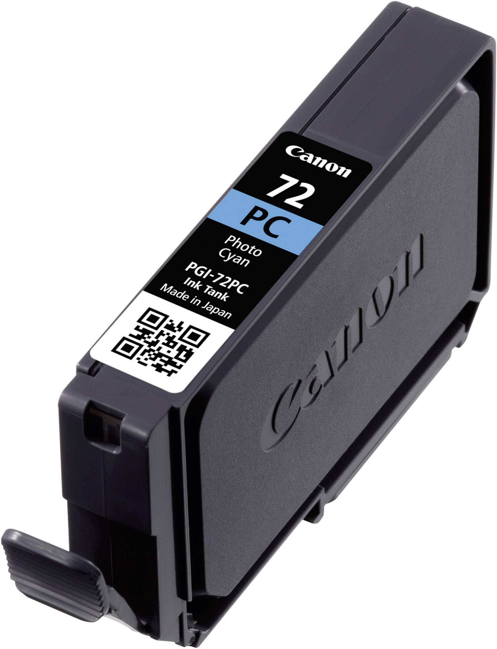 'Canon blækpatron PGI-72 PC, farve Foto Cyan, med QR-kode på emballagen, fremstillet i Japan.'