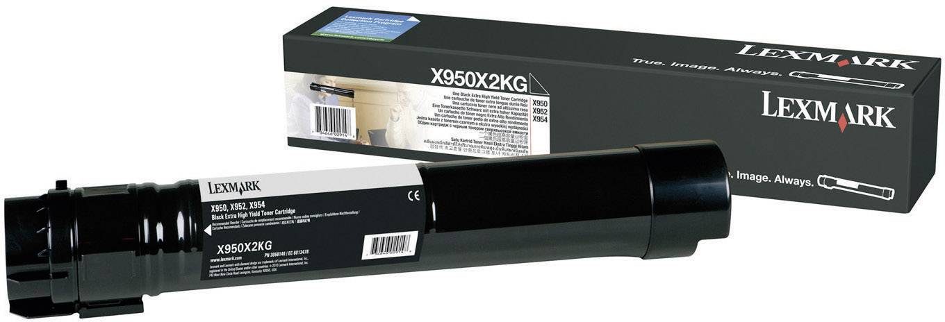 Sort tonerpatron ved siden af sin emballage, mærkenavn 'Lexmark'. Egnet til bestemte printere, modelnummer X950X2KG.