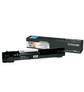 Sort Lexmark tonerpatron ved siden af sin emballage; egnet til laserprintere, model X950de, X952de, X954de.