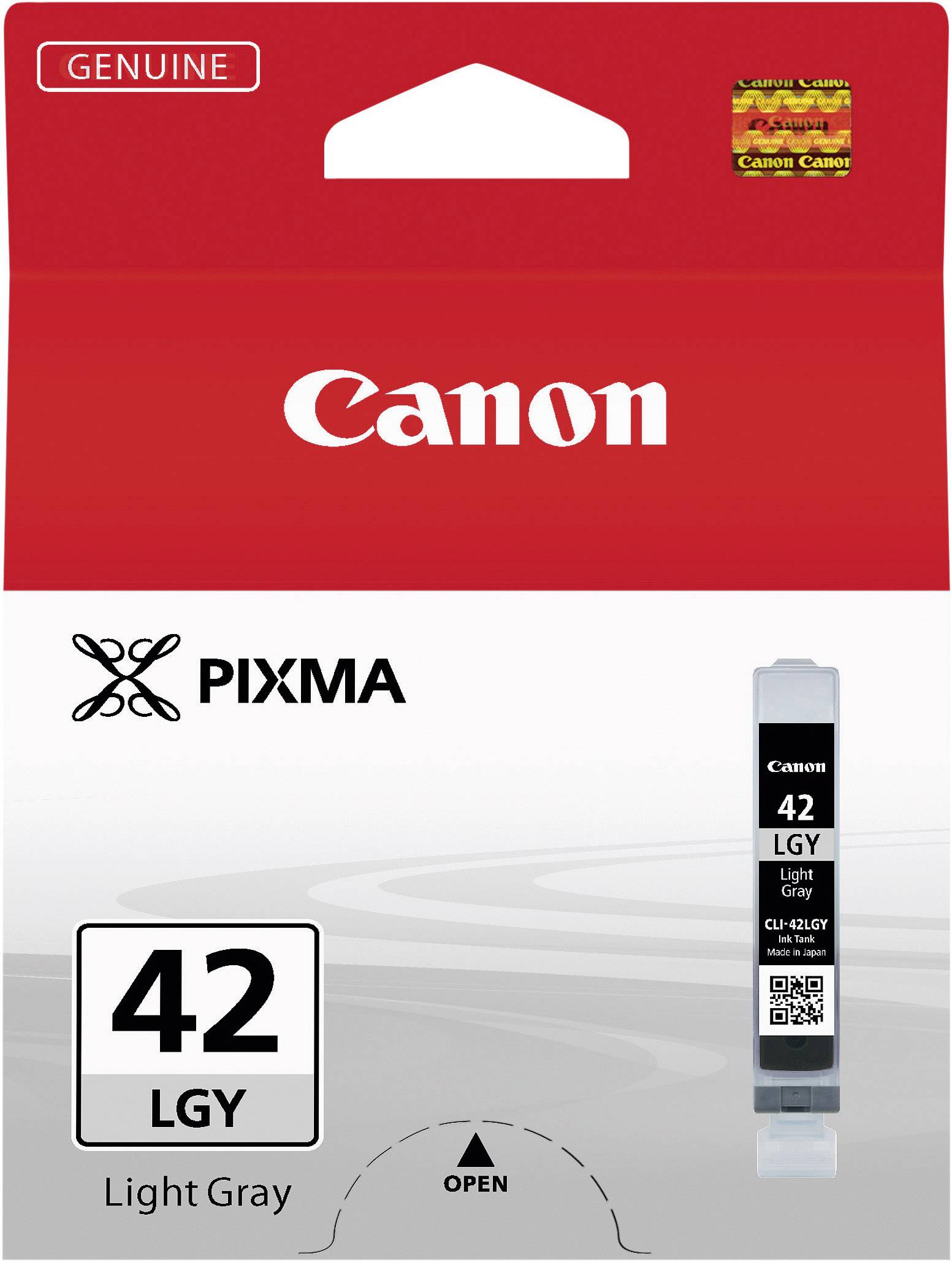 Billedet viser en emballage til en Canon blækpatron, modelnummer 42 LGY, i farven lysegrå, egnet til Pixma printere.