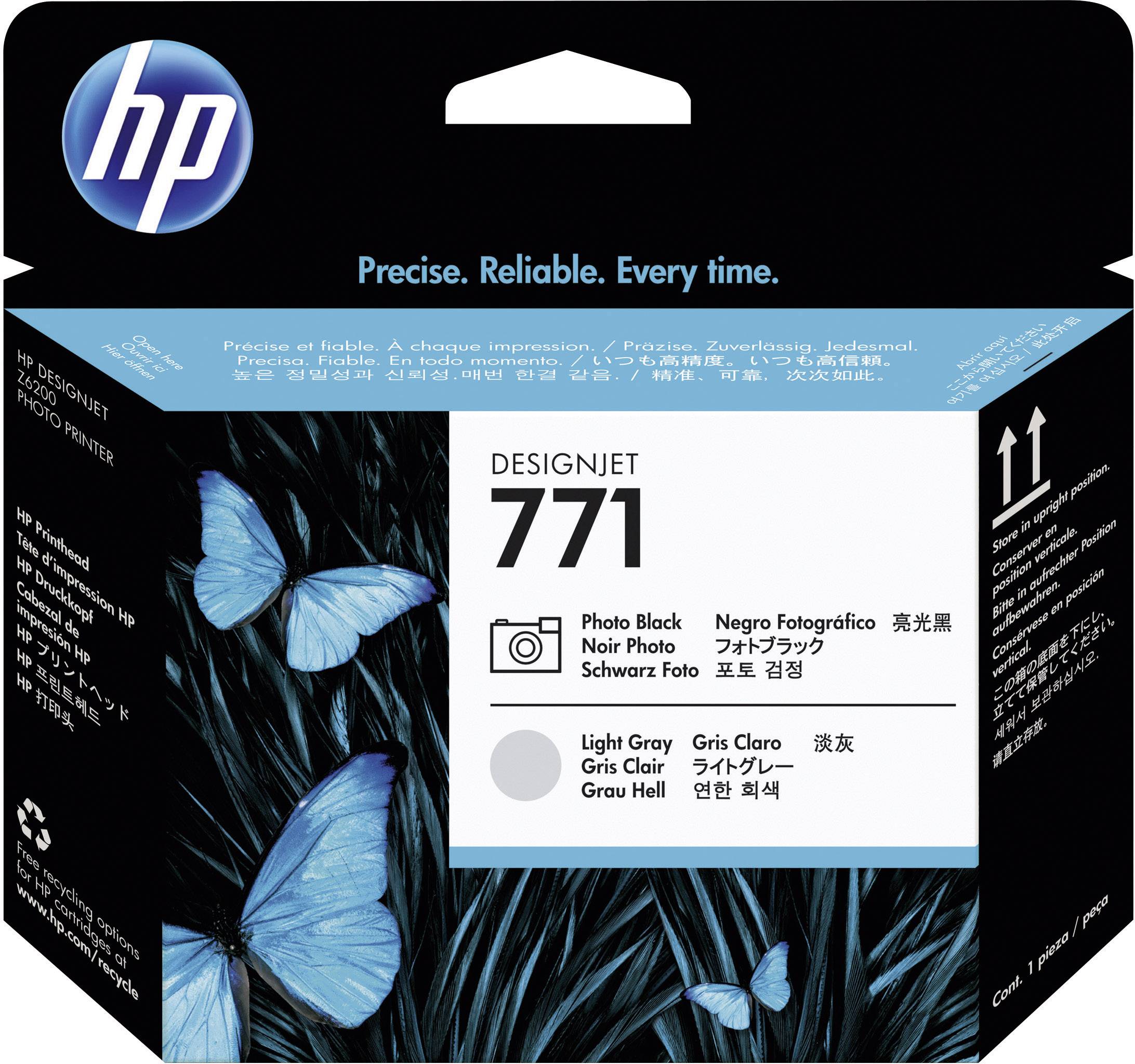 Emballage til HP DesignJet 771 blækpatron, vist med blå sommerfugle. Tekst: 'Foto Sort', 'Lysegrå'.