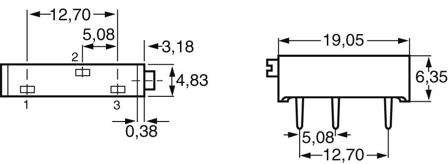 Teknisk tegning af en elektronisk komponent med nøjagtige dimensioner i millimeter; front- og sidevisning.