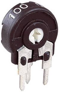 En brun trimmepotentiometer med påskriften '100 Ω', to metalben og en hvid indstillingsspalte, til finindstilling af modstande.