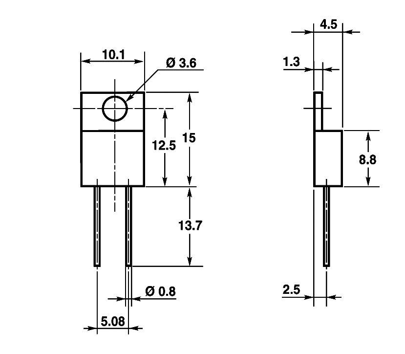 Teknisk tegning af en elektronisk komponent med mål i millimeter; viser front- og sidevisning med borehul- og pinafstande.