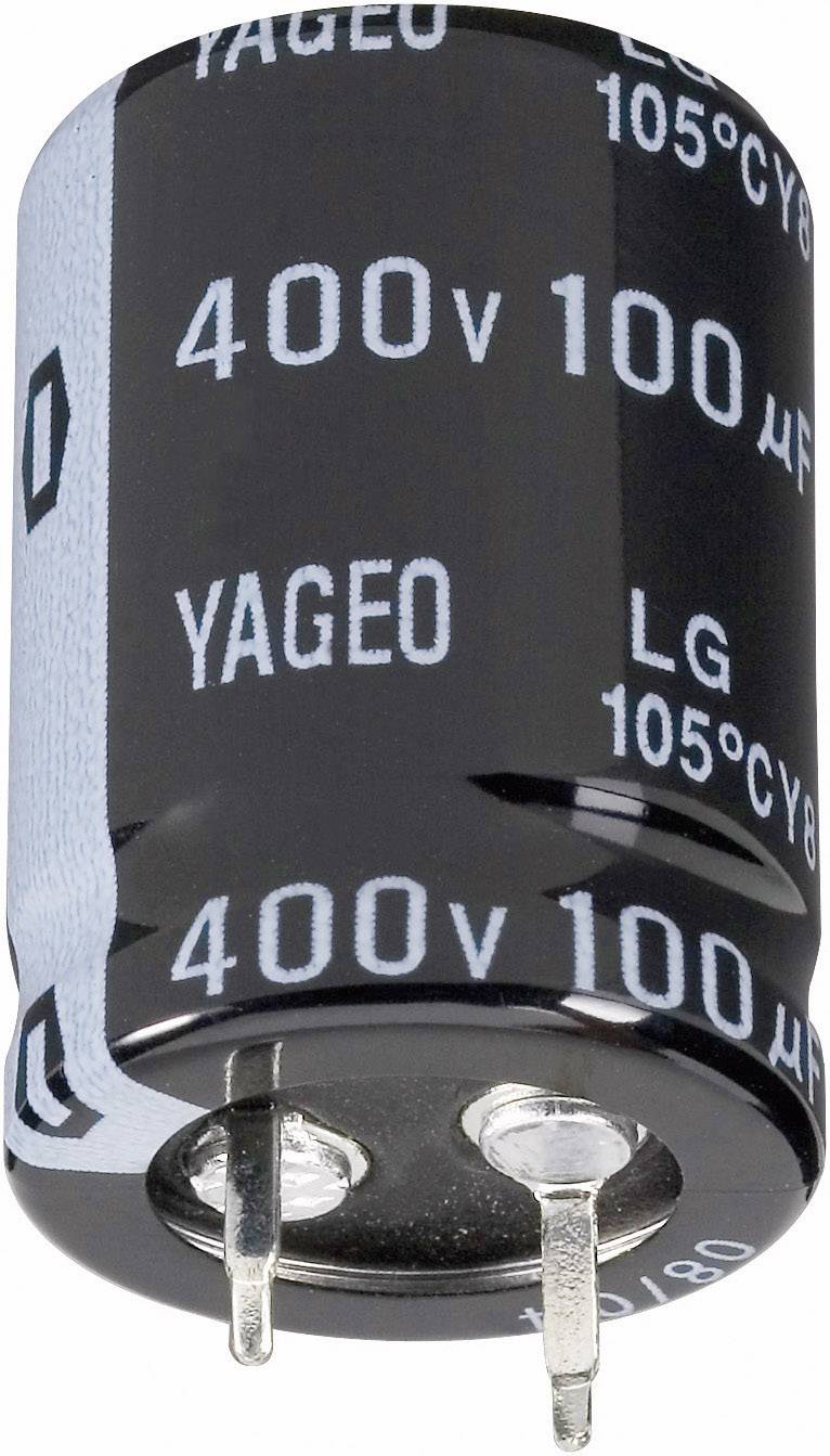 Sort elektrolytisk kondensator med sølvfarvet mærkning: '400V 100µF YAGEO'. To metalfatninger synlige nederst.
