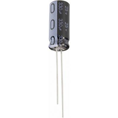 En blå elektrolytisk kondensator med påskriften '330µF 25V', med to ben pegende nedad.