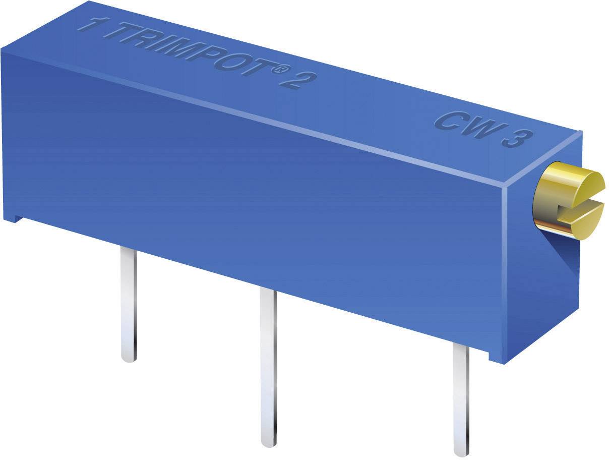 Blå trimmer-potentiometer med tre tilslutningsstifter og gul justeringsskrue. Påskrift: TRIMPOT 2 CW 3.
